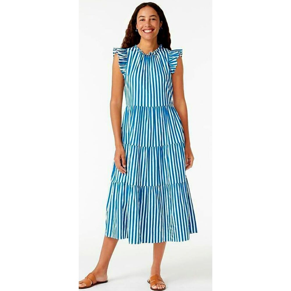 J. Crew Tiered Maxi cotton dress in blue and white stripe. Small